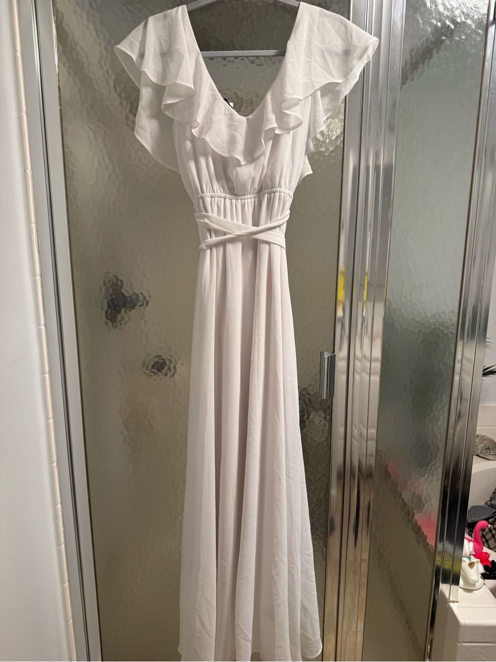 Baltic Born White Ruffle V‑Neck Maxi Dress